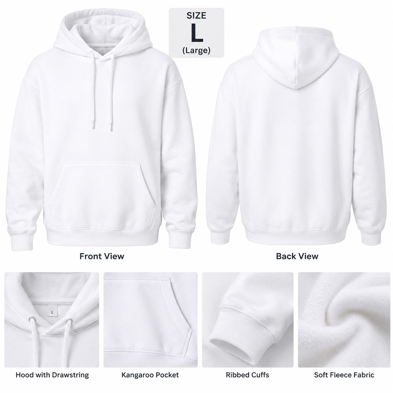 White Colour Hoodie, Premium quality cotton - Image 3